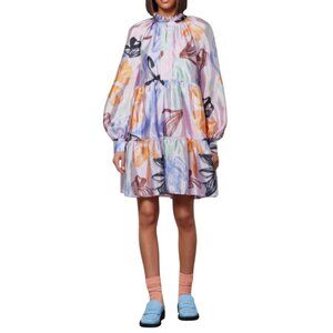 Stine Goya Jasmine Tulip Mini Dress Womens XS Purple Floral Long Sleeve Tiered